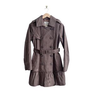BB Dakota Trench Coat Double Breasted Houndstooth Plaid Brown Women's S Belted